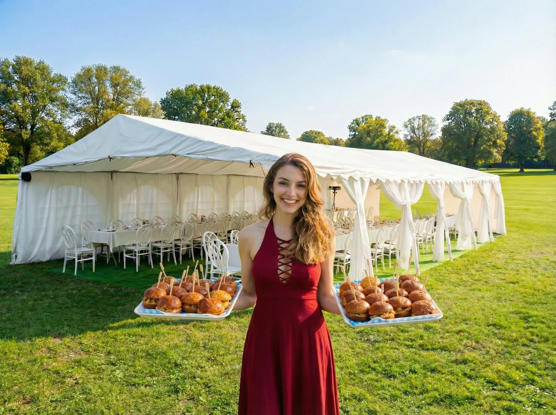 Event hostess with mini burger trays