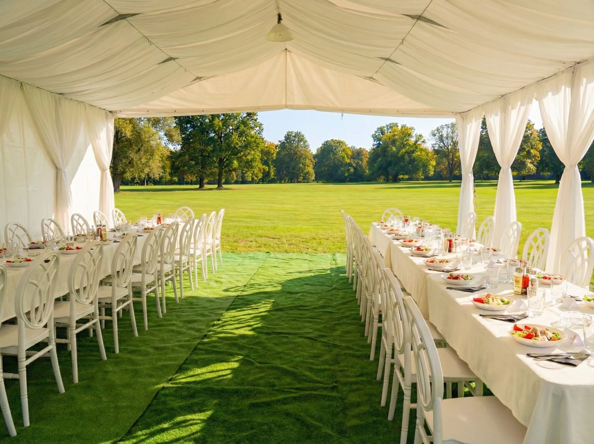 Elegant outdoor event tent with set tables